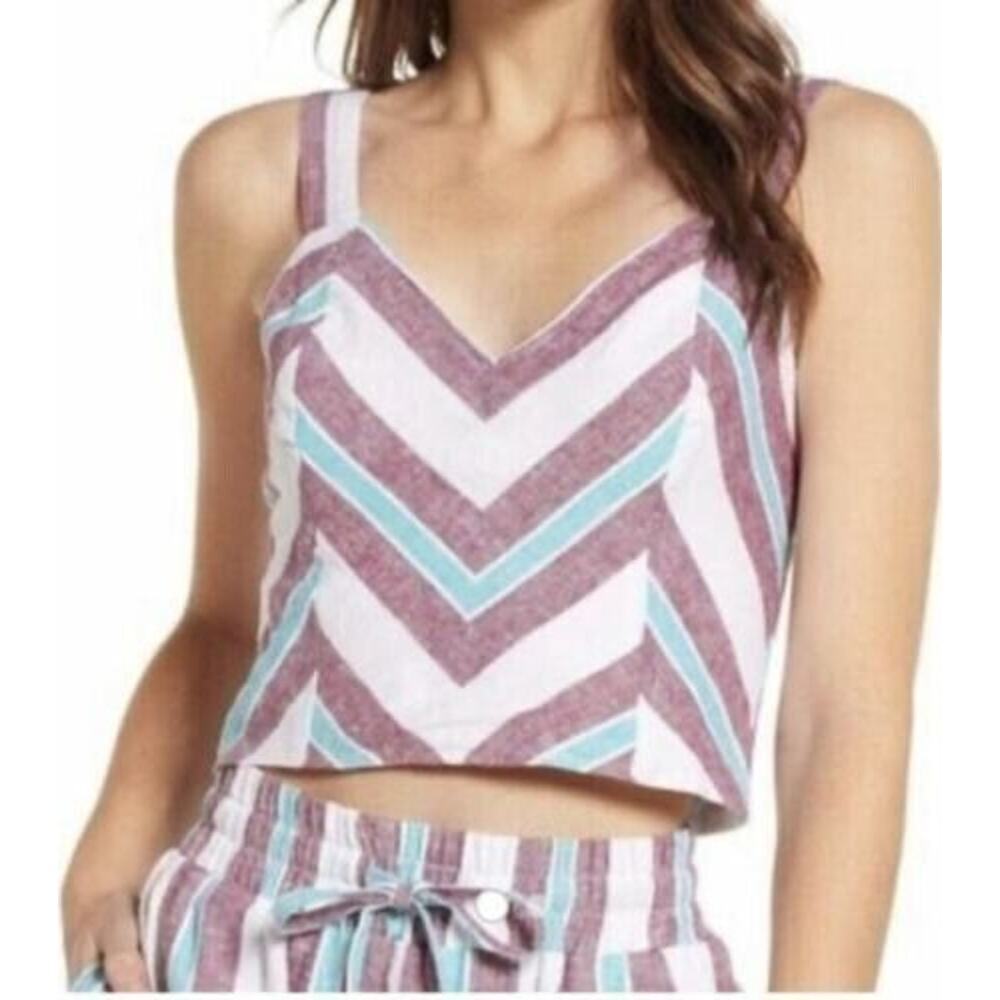 BP Women's Mitered Stripe Linen Blend Crop Smocked Back Tank X-Large